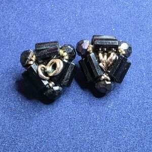 Vintage West Germany AB Crystal Black and Gold Clip On Earrings 711